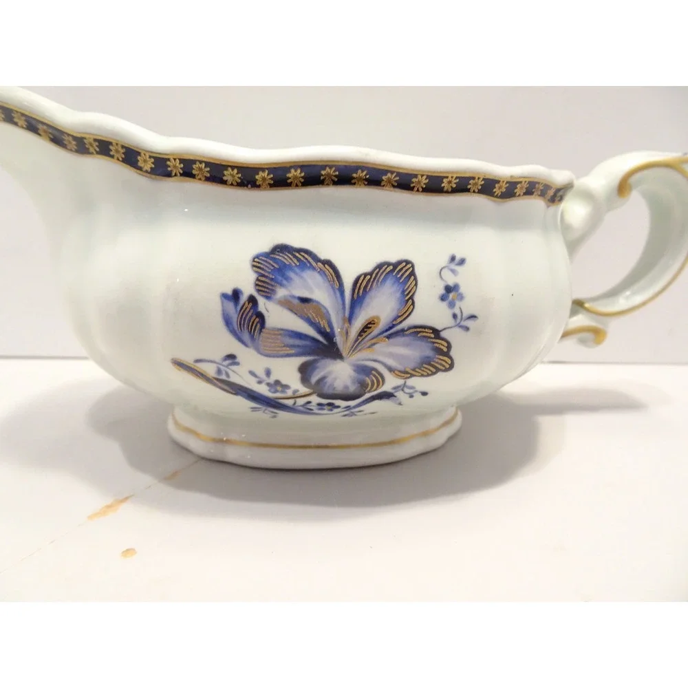 Rorstrand Sweden Gravy Boat Blue Floral Iris Gold Gilt Scalloped Porcelain